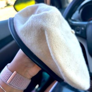Cream Beret with leather trim